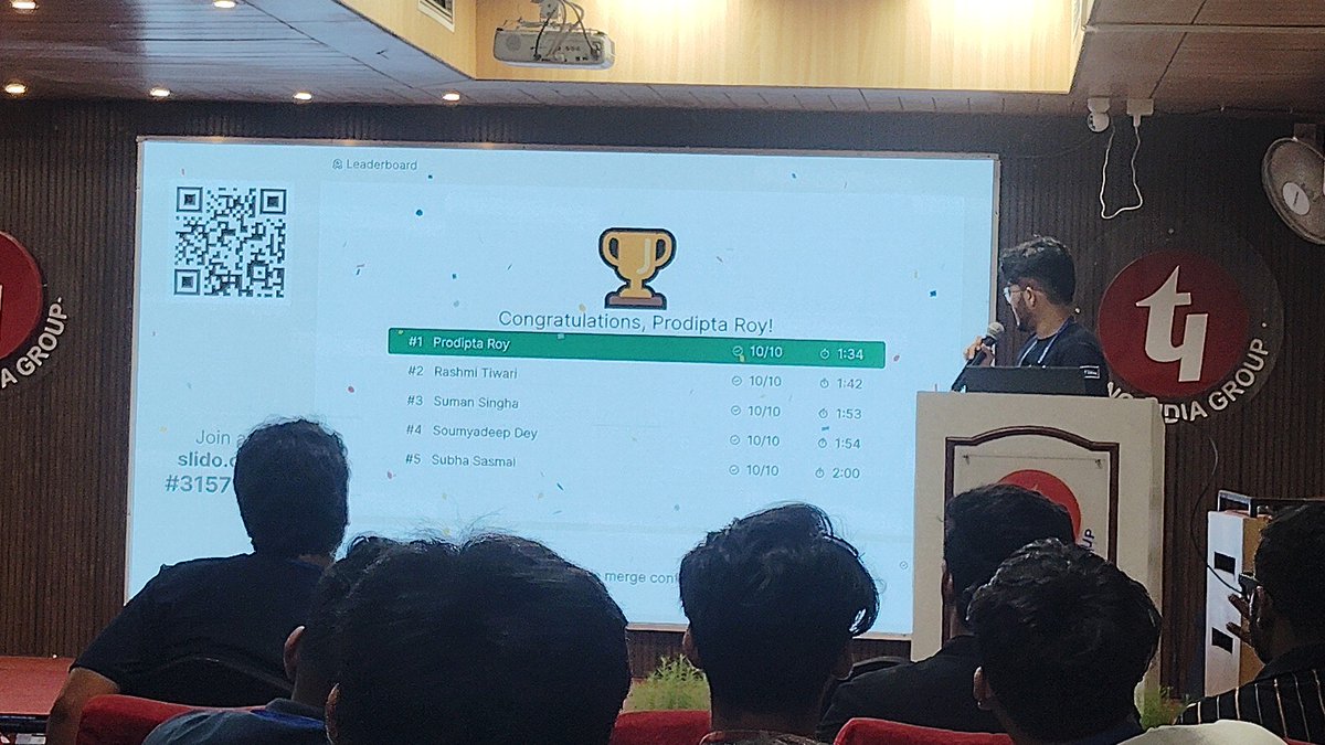 SayanDas_001's tweet photo. Quiz time at React Kolkata! โ๏ธ๐ฅ
Finished 34th out of 151 participants with 9/10 correct! ๐ฏ
Only one wrong โ pretty happy with the result, but next time we're aiming higher. ๐
#RTKAUG26 #ReactKolkata #ReactJS #TechQuiz #Kolkata https://t.co/xtfvD7yYXY