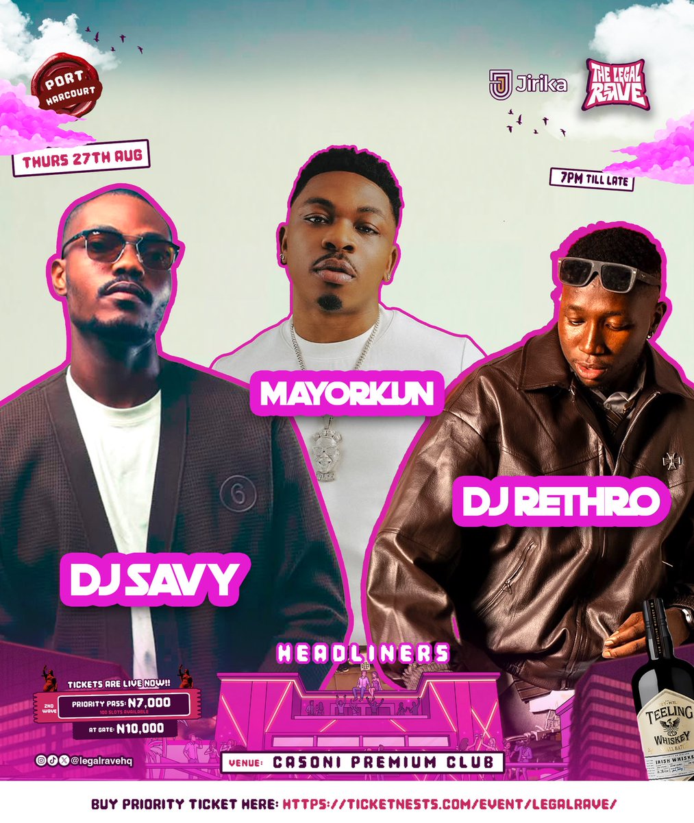Legalravehq's tweet photo. ANNOUNCING THE HEADLINE ARTISTS FOR THE LEGAL RAVE

If you guessed DJ Savy, Mayorkun, &amp; DJ Rethro, check your DMs right now! 📩👀

We’ve picked 5 lucky winners from the comment section for free tickets to The Legal Rave! If that’s you, expect a message shortly. 🎟️🔥 https://t.co/4kwzCOOLiO