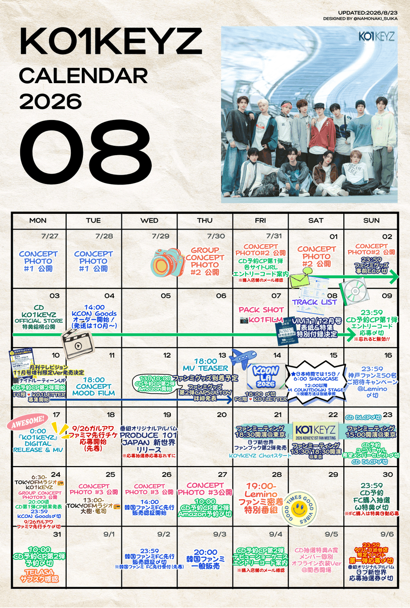 namonaki_suika's tweet photo. 📅 KO1KEYZ 8月-9月スケジュール最新版

デビューまでのあれやこれや情報を更新しました！
9月のスケジュールも追加してます🙌

とはいえ、公式サイトのスケジュールもかなり充実してきたので、そろそろお役御免かも😂
デビューまでの盛り上げのために、よかったらご参考に〜くらいの感じで！

🔖 8/23時点の情報です。保存用にどうぞ！

各種詳細・予約/応募リンク、質問等はnoteへ👇
https://t.co/2u5BoqGmoN