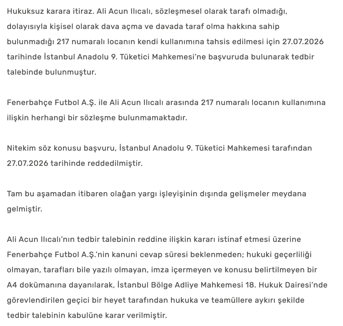 buzzspor's tweet photo. Fenerbahçe SK: "Tedbir kararından sonra, Ali Acun Ilıcalı tarafından 22 Ağustos 2026 tarihinde oynanan Fenerbahçe - Konyaspor maçını 217 numaralı locada izlemesi için 10 kişilik isim listesi sunulmuştur.

Kulübümüze sunulmak üzere icra dosyasına bildirilen 10 kişilik liste üzerinde yapılan kontrollerde, bu kişilerden 2’sinin Passolig sahibi olmadığı, 2 kişinin ise Galatasaray taraftarı olarak Passolig kartına sahip olduğu tespit edilmiştir.

Fenerbahçe taraftarlarına tahsisli bir tribün alanına Galatasaray aidiyeti taşıyan kişilerin bu yöntemle dâhil edilmek istenmesi, tribün düzeni ve güvenliği açısından tarafımızca son derece ciddi ve kabul edilemez bir durum olarak değerlendirilmiştir. 

Burada söz konusu olan bir hakkın kullanımı değil, tribünlerde bir kaos ortamı yaratma çabasıdır.

Kulübümüz, tribünlerimizde ayrışmaya, gerilime veya Fenerbahçe camiasının birlik duygusunu zedeleyebilecek herhangi bir girişime hiçbir şekilde müsamaha göstermeyecektir.

Yukarıda belirttiğimiz üzere, tüm hukuki şikâyet haklarımızı kullanacağımızı ve bu hukuka aykırı kararın ortadan kaldırılması amacıyla Anayasa Mahkemesi’ne de bireysel başvuruda bulunduğumuzu kamuoyunun bilgisine sunarız."