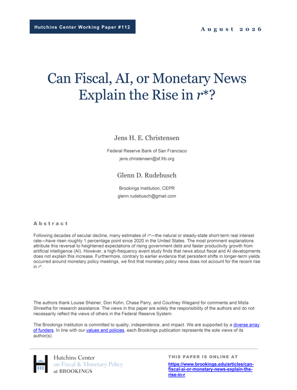 int_mon_econ's tweet photo. Highly relevant!

"Can fiscal, AI, or monetary news explain the rise in r*?" by Jens H. E. Christensen and Glenn D. Rudebusch.

"Following decades of secular decline, many estimates of r*—the natural or steady-state short-term real interest rate—have risen roughly 1 percentage point since 2020 in the United States. The most prominent explanations attribute this reversal to heightened expectations of rising government debt and faster productivity growth from artificial intelligence (AI). However, a high-frequency event study finds that news about fiscal and AI developments does not explain this increase. Furthermore, contrary to earlier evidence that persistent shifts in longer-term yields occurred around monetary policy meetings, we find that monetary policy news does not account for the recent rise in r*."

https://t.co/mIAzLqQjWJ