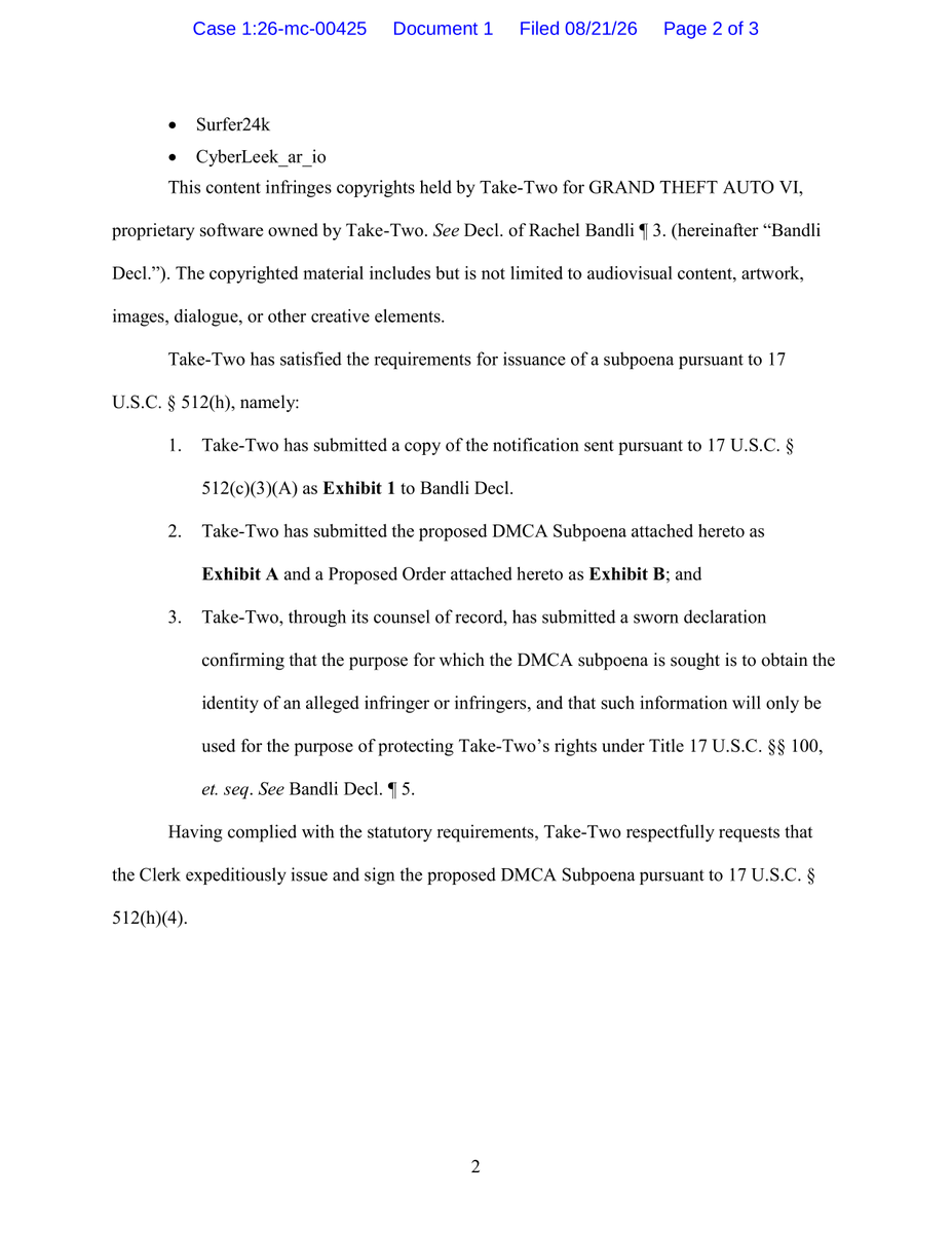 IntCyberDigest's tweet photo. ‼️ BREAKING: Take-Two has named the X and YouTube accounts it wants unmasked over the GTA VI leaks.

A DMCA petition filed August 21 in Manhattan federal court names three Cyberleek copycats CyberLeeks, Surfer24k and CyberLeek_ar_io and asks the clerk to subpoena X and Google for the identities behind them.