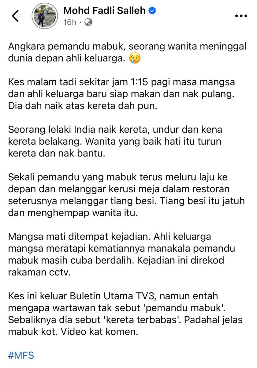 SyedJymalZahiid's tweet photo. The Kajang police never said the driver was drunk yet this misinformation is rampant. Just like that, the police and media are now said to be attempting a cover up to “protect” the certain communities. This is how conspiracy theories thrive and the right wing wins. https://t.co/k7pEmw7Xmh