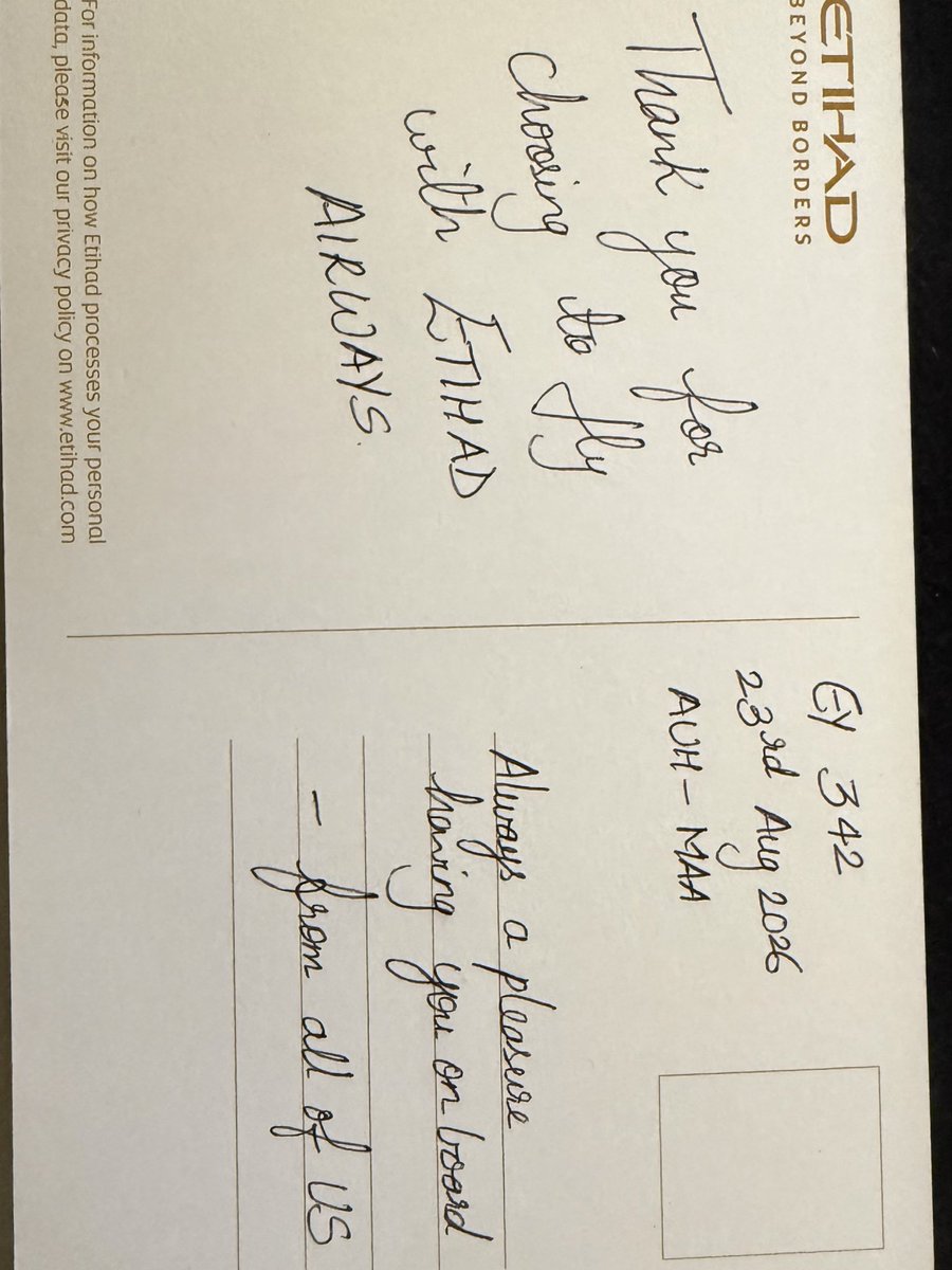 Birlabose's tweet photo. It's often the smallest gestures that leave the biggest impression. Thank you, @Etihad, for this thoughtful handwritten note. A wonderful example of genuine customer care. Looking forward to many more journeys with Etihad. 🙏 #EtihadAirways #FrequentFlyer #CustomerExperience https://t.co/dXLDwXFr2n