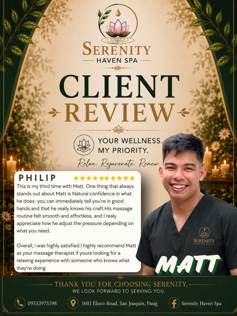 SerenityHabs's tweet photo. ✨ Another 10⭐ experience with Matt! ✨

“Third time with Matt, and he never disappoints! His confidence, smooth technique, and ability to adjust the pressure made the whole massage super relaxing. Truly knows his craft! 💆‍♂️✨

Highly recommended for a relaxing and satisfying experience! 🌿

#SerenityHavenSpa #ClientReview #Matt #5StarExperience #MassageTherapy #RelaxRejuvenateRenew #SpaInPasig #WellnessExperience
@simplyme101486 
@rioginoreviews 
@MassageAddict28
