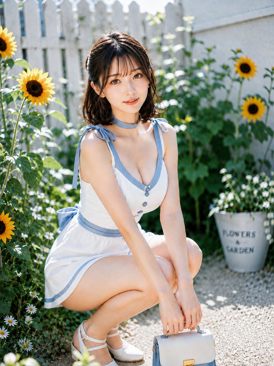 CyberTotal2026's tweet photo. 向日葵に囲まれてしゃがむと、青いリボンまで夏空の色を連れてくる🌻🩵

#AIart #AI写真 #向日葵

【GPT Image2プロンプト】

主題：
向日葵庭の青リボン

主体：
画面中央、白い柵のある小さな花壇で、女性が向日葵と白い小花に囲まれてしゃがむ。白と淡い水色のノースリーブワンピース、両手で持つ淡い水色の角型バッグが中心。

人物・表情：
女性は顔を正面へ向け、カメラを見て控えめに微笑む。頬の丸い卵形と小さな顎、横長の明るい目、細い緩い眉、細い鼻筋、艶のあるコーラルの唇。焦げ茶の肩丈ボブは上半分を後ろでまとめ、薄く束になった前髪と頬沿いの後れ毛を残す。目元は細いライン、頬は薄いピンク。

服装・ポーズ：
淡い水色の縁取りと肩の大きなリボン結び、胸元の小ボタン、同色のチョーカーとウエスト帯がある白いミニワンピース。白いアンクルストラップ靴。膝を深く曲げてしゃがみ、両腕を下ろしてバッグの小さな持ち手を握る。

背景・光：
左前景と右奥に黄色い向日葵、足元に白い小花、背後に白い板柵と緑葉。画面左上からの明るい直射日光が髪と肩を照らし、花壇に小さな影を落とす。

構図・カメラ：
3:4の縦位置、やや高いカメラ視点からしゃがむ全身を収める。人物は中央に大きく入り、バッグは下端中央、向日葵が左右から囲む。人物にピントを置き、背景は適度にぼける。

質感・スタイル：
白、水色、黄、緑を爽やかにまとめた明るい実写写真。花弁、リボン、肌を清潔でシャープに描く。

ネガティブ：
肩の青いリボンを省略しない；しゃがみ姿勢を立ち姿にしない