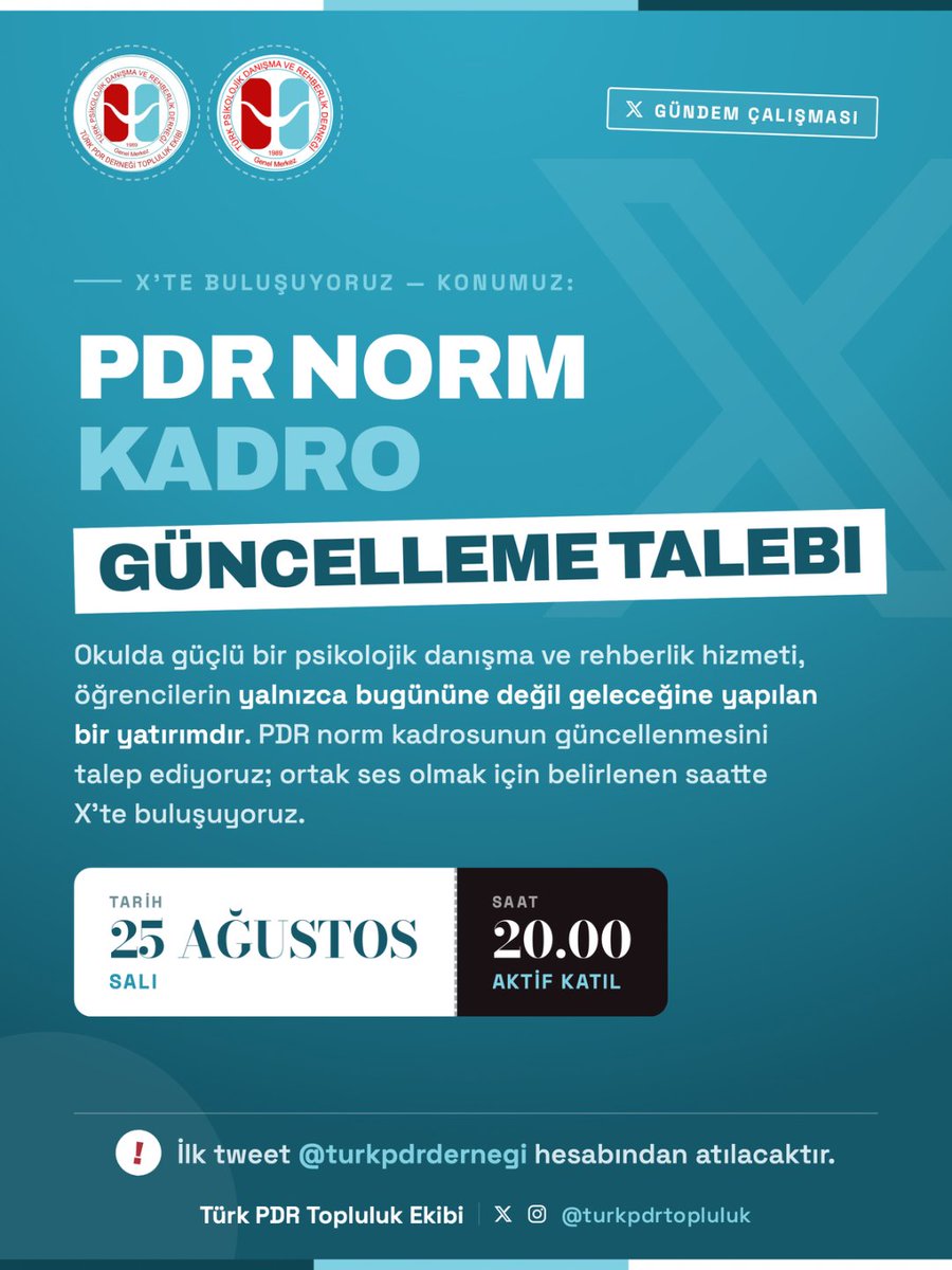 turkpdrtopluluk's tweet photo. PDR norm kadrolarının daha fazla gecikmeden güncellenmesi talebiyle X’te buluşuyoruz!
Buluşmamıza tüm meslektaşlarımızı ve meslektaş adaylarımızı davet ediyoruz.

❗️İlk tweet @turkpdrdernegi hesabından atılacaktır.

25 Ağustos (Salı) - 20.00
@mengindeniz 
@bartubss https://t.co/9kiv3NYs0K