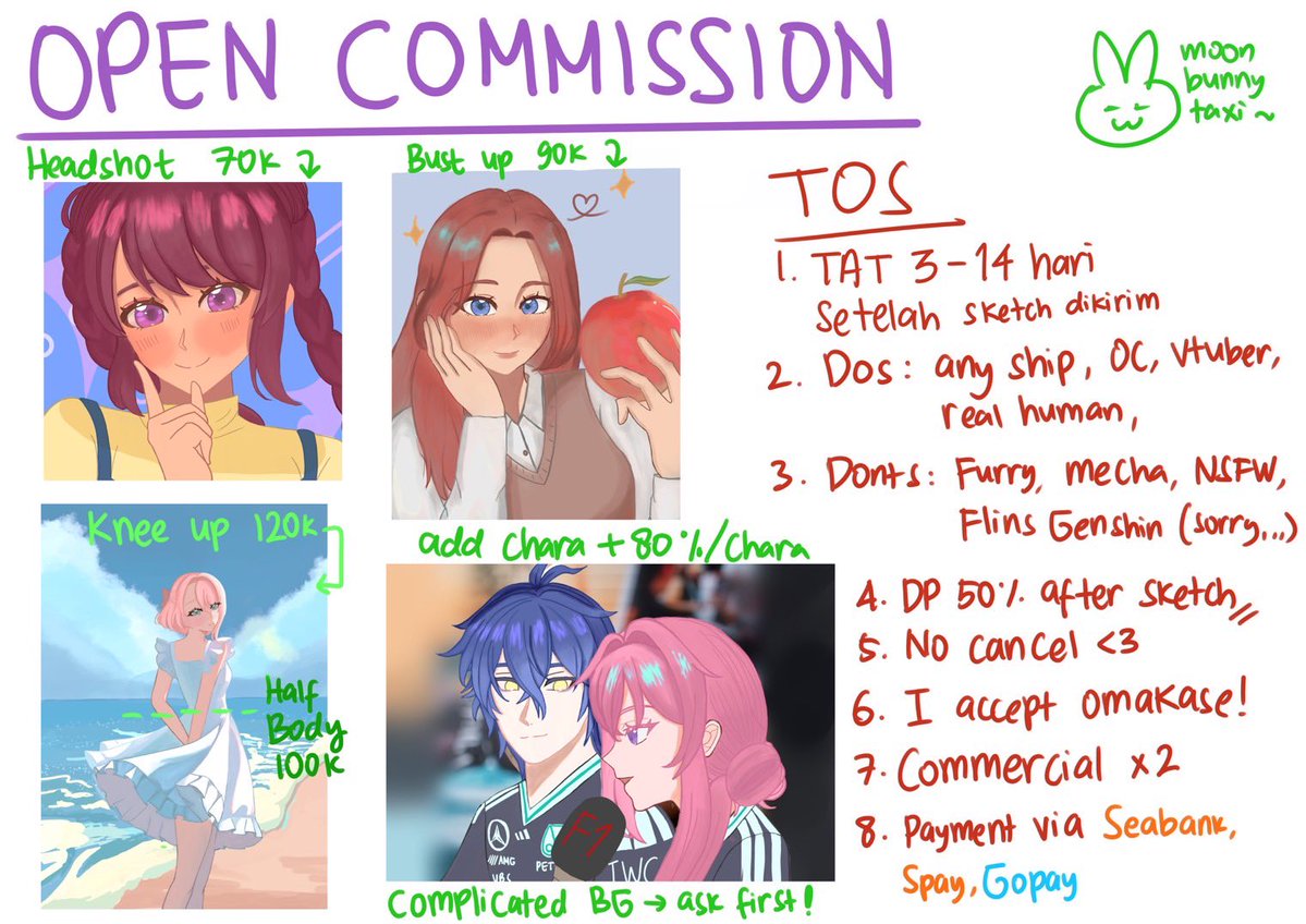 moonbunnytaxi's tweet photo. [♡ + ↻ very appreciated!]

HelloOoo everyone!! 
Sekarang aku buka komis khusus lokal aja dulu yeaH 
Jika ada pertanyaan atau tertarik silakan DM~ 🩷

Open comms buat 5 dulu yah >__< Thank you so much!!

#opencommission #commissionopen #artidn #zonakarya #bealanja https://t.co/vbV6NWuULE