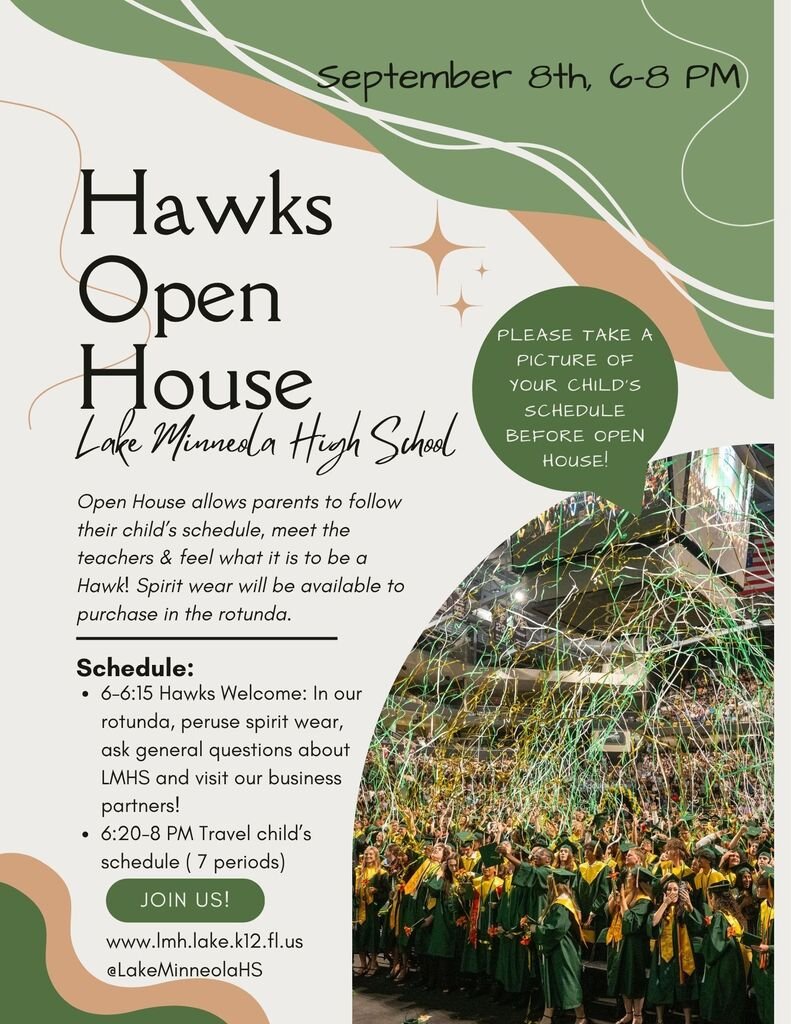 LakeMinneolaHS's tweet photo. Hawks! ๐ฆ
We wrapped up a fantastic second week on the Hill with an electric opening Pep Rally!
Here is our Week at a Glance for this coming weekโincluding AVID Period on Monday! ๐๏ธ
Make it a great week! #OneHawk #LMHS #HawkNation https://t.co/Kn7TIe3vjQ