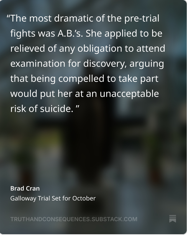 DouglasTodd's tweet photo. Wow.
The woman who accused ex-@UBC prof./novelist Steven Galloway of sexual assault a decade ago (known as 'A.B.') refused to go to examination for discovery, arguing it would put her at risk of suicide.
Via @bradcran.
1/2  #bcpoli
https://t.co/tUajBGnvGr https://t.co/0BHvcOaH0X
