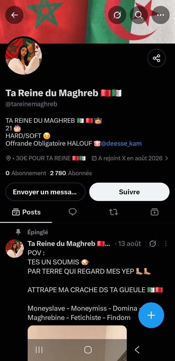 Guaperasmasked's tweet photo. GROSSE ARNAQUE !! 
@princesse92i2 @tareinemaghreb @deesse_kam utilise 3 compte  pour arnaquer.
Elle demande des acomptes pour réel ou pour nude et une fois reçu elle bloque.
#moneyslave #fetichiste #soumis
#moneymiss #domina #findom https://t.co/fsRrGHBG1N