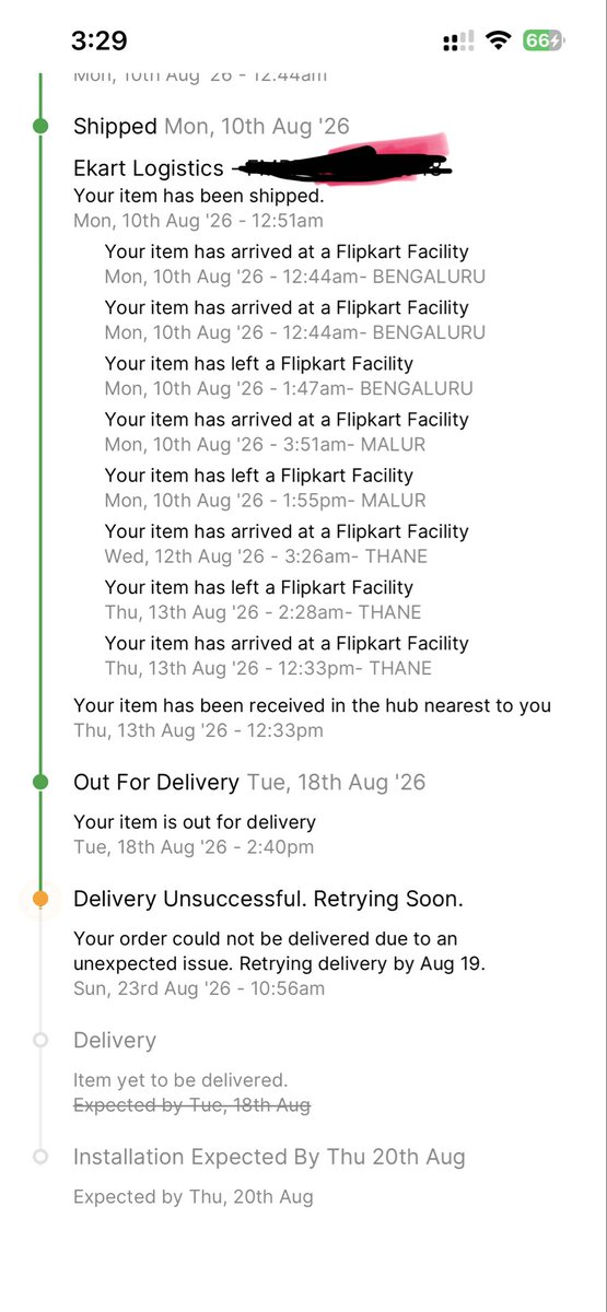 VermaBrijesh5's tweet photo. Awesome service by @Flipkart @flipkartsupport 
When i booked - delivery date was show in coming two days but still straggling to get parcel and the parcel is showing near me from 14th-Aug.
Perfect service by Flipkart, will make sure to not buy anything from u https://t.co/g3DIDGZZY1