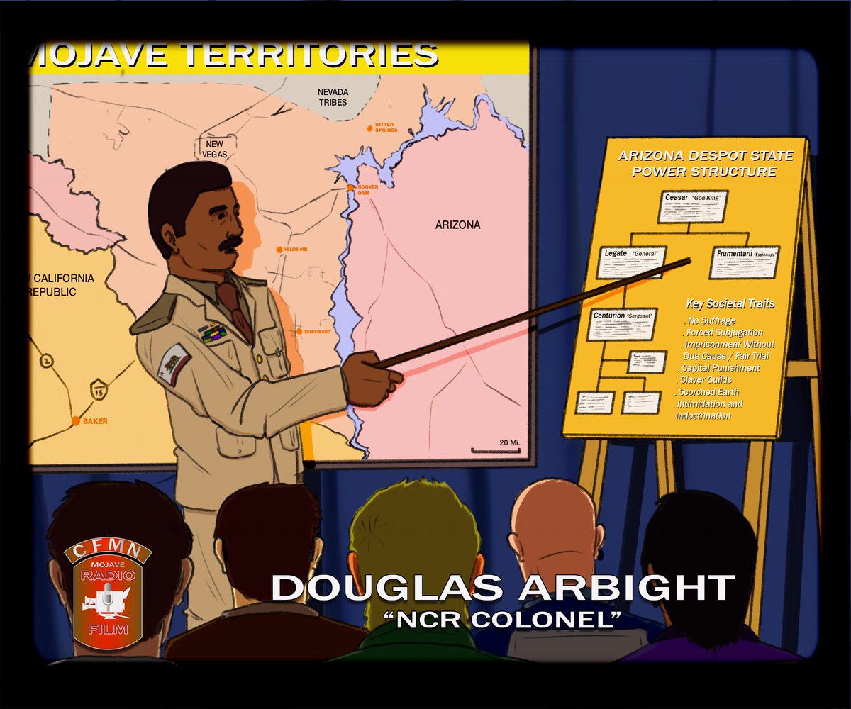 michaelisveryv's tweet photo. On March 13th, 2277, the Army of the New California Republic held a press conference at Fort Aradesh near Junktown. They debriefed the public on the Battle for Hoover Dam, including defining the enemy forces.
Ceasar's Legion is officially recognized as the "Arizona Despot State". https://t.co/C5AbwwXptu