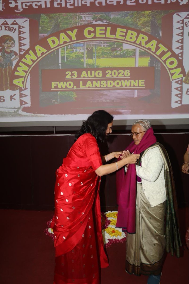 PRODefDehradun's tweet photo. Nari Shakti Abhivandanam: 
#AWWAWeek celebrations 2026 at Lansdowne

Reaffirming its steadfast commitment to stand beside the families of our bravehearts,The Garhwal Rifles Regimental Centre, Lansdowne took another significant step towards 
#WomenEmpowerment & #NariShakti

On the occasion of #AWWAWeek Celebration,a  Stitching Training Centre was inaugurated by Mrs Rekha Negi, Chairperson FWO, Lansdowne on 23 August 2026 to promote Skilling & self-Reliance amongst the ladies and families of Lansdowne Station.

During the celebrations, the talent of ladies was showcased through HUNAR HAAT. A Medical Camp  was also organised by MH Lansdowne for the wellness of families.

The occasion also marked the felicitation of #VeerNaris of Garhwal for their courage & sacrifice.

# Building a stronger tomorrow with community innovation and care #

#WomenEmpowerment
#NaariShakti
#GarhwalRiflesRegimentalCentre
#ArmyWomensWelfareAssociation
#IndianArmy
#AWWADay

@DefenceMinIndia
@SpokespersonMoD 
@suryacommand 
@UBArea_IA 
@panchshulpulse 
@IbexRadioTarana 
@dgafms_mod