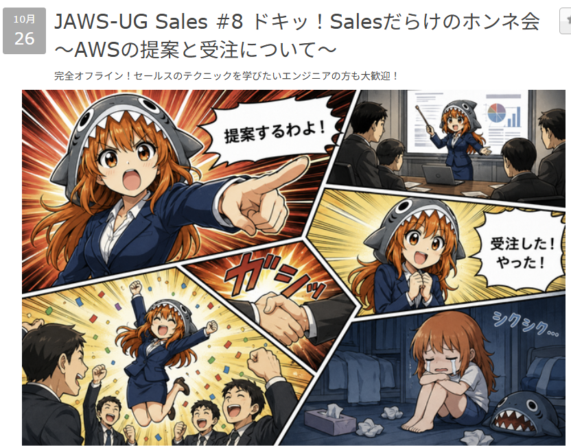 sadabon444's tweet photo. 【Sales支部 イベント情報】
JAWS SONICの次は、10月26日（月）開催予定！

スペシャルゲストをお招きしつつ、「AWS」×「売る」にフォーカスを当てたイベントを、AWS本社でオフライン実施予定です！！

※提案活動に興味をお持ちのエンジニアの皆様も大歓迎！！
#jawsug #jawsug_sales https://t.co/mMEgniOQGM