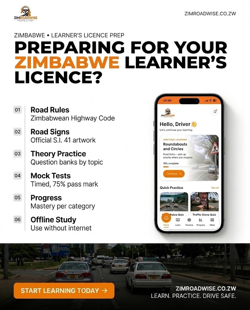 tygasparta2026's tweet photo. Preparing for your Zimbabwe learner's licence?
Learn road rules.
Master road signs.
Practise questions. 
Take mock tests. 
All in one place. Free.
ZimRoadWise — Learn. Practice. Drive Safe.