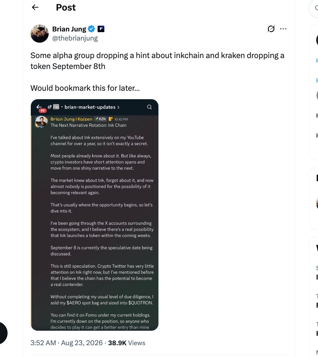 mztacat's tweet photo. Paying attention to INK CHAIN (@inkonchain ) is a +EV 
    - Nado DEX among others 

Side notes: 
There's a rumor INK CHAIN / Kraken is launching a token by September.

Will update as more info rolls in.