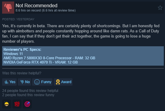 LoyaltyToGamers's tweet photo. @CallofDuty @InfinityWard @CallofDuty Since you probably don't actually look at feedback on the Steam Store Page here you go! https://t.co/tsaws1YL4w