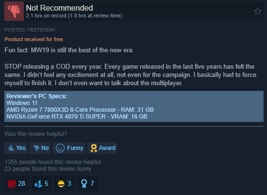 LoyaltyToGamers's tweet photo. @CallofDuty @InfinityWard @CallofDuty Since you probably don't actually look at feedback on the Steam Store Page here you go! https://t.co/tsaws1YL4w