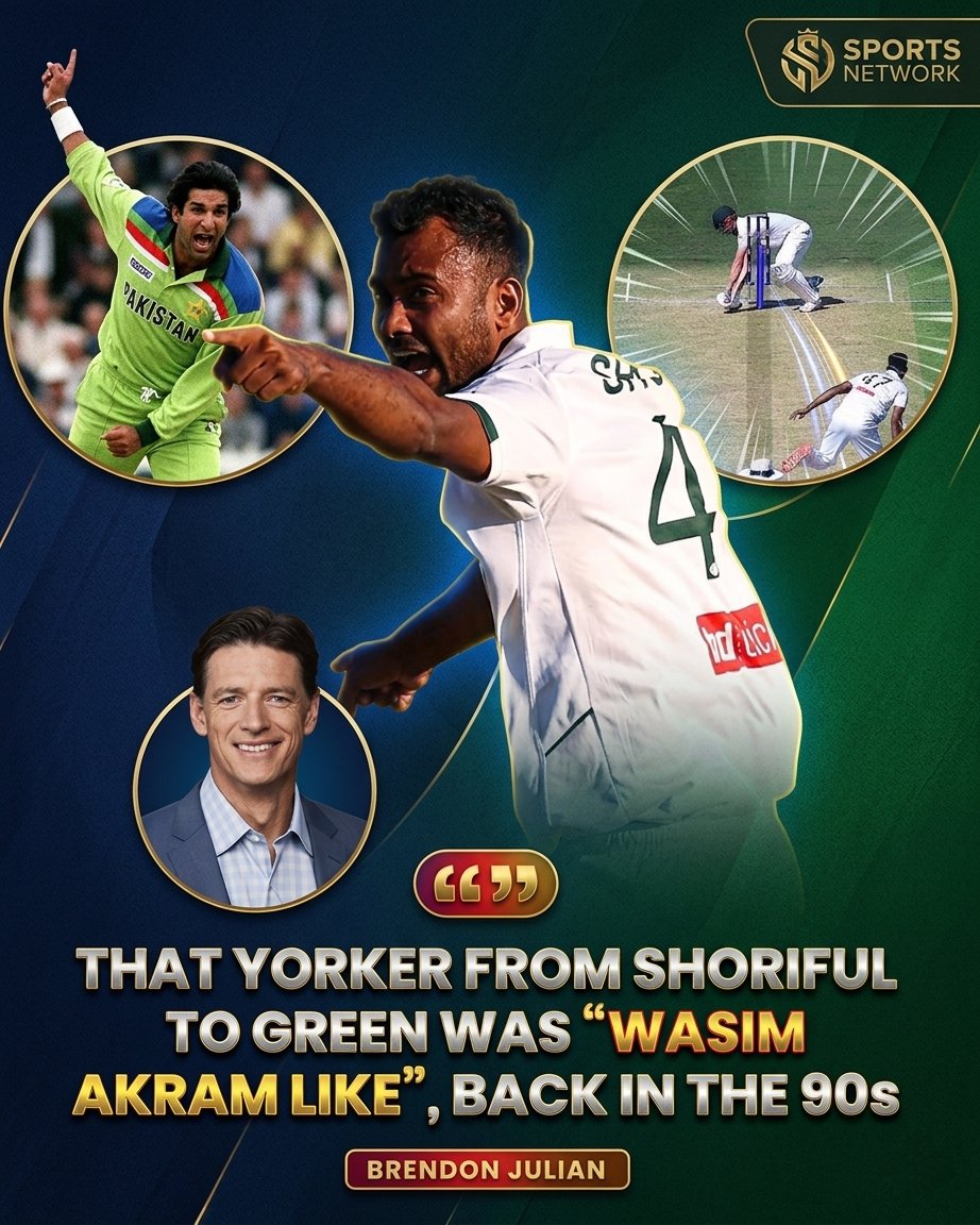 thesportsnetw's tweet photo. 💥 High praise for Shoriful Islam!Former Aussie cricketer Brendon Julian compares that brilliant yorker to Cameron Green to the legendary Wasim Akram from the 90s. Pure class! 🎯🔥

#Cricket #ShorifulIslam #WasimAkram #CricketLovers #SportsNetwork https://t.co/5DYE5RNr4W