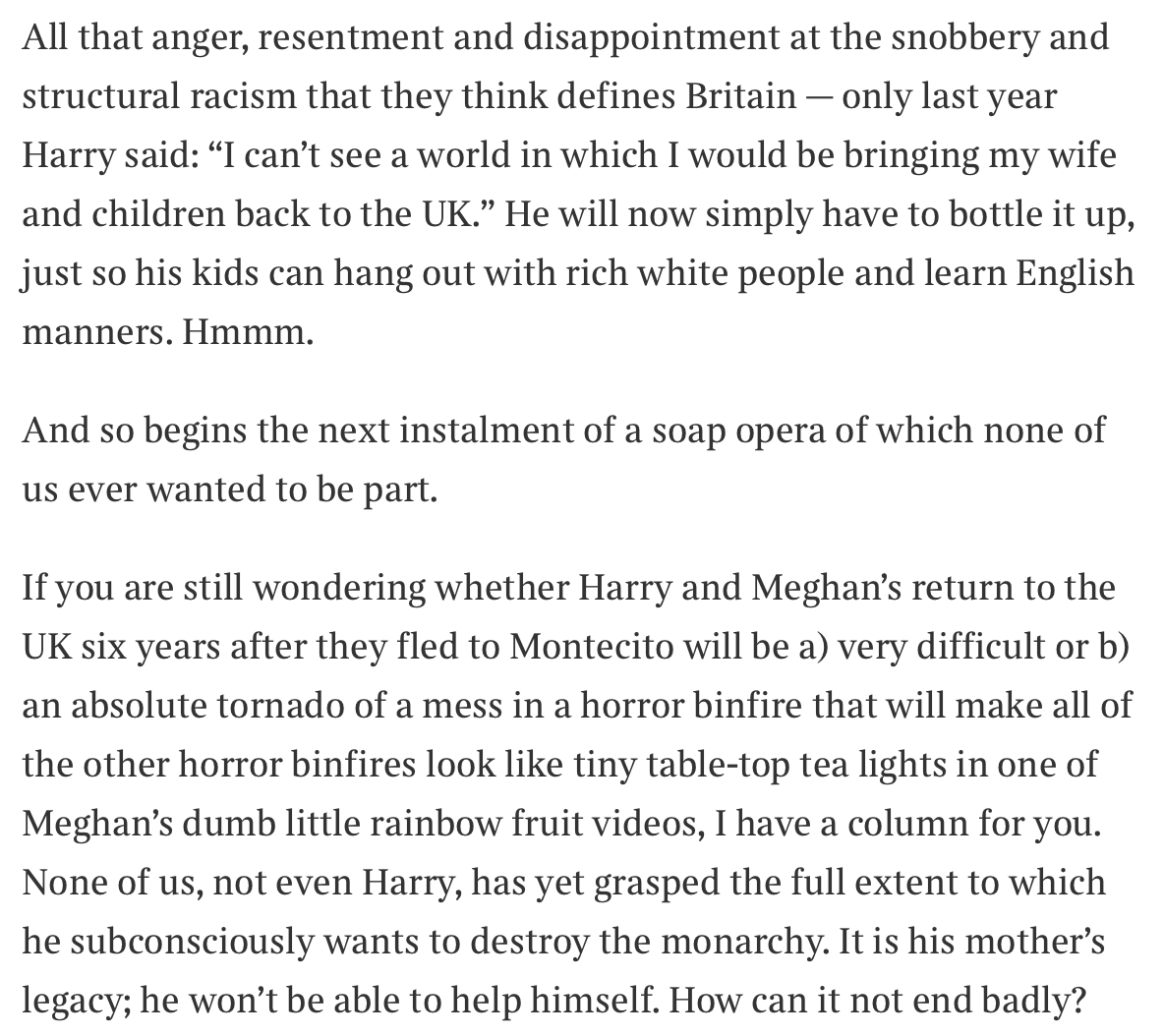 LimitlessSnark's tweet photo. OK : who wants a laugh. But I warn you, do not (as I did) have coffee in yr mouth as you read.... I do love @camillalong 🤭🤭

"She is the worst actress that ever lived — she cannot project anything on screen except the hunger not to be Meghan Markle"
😂😂😂😂😂 https://t.co/KHNwPWfwue