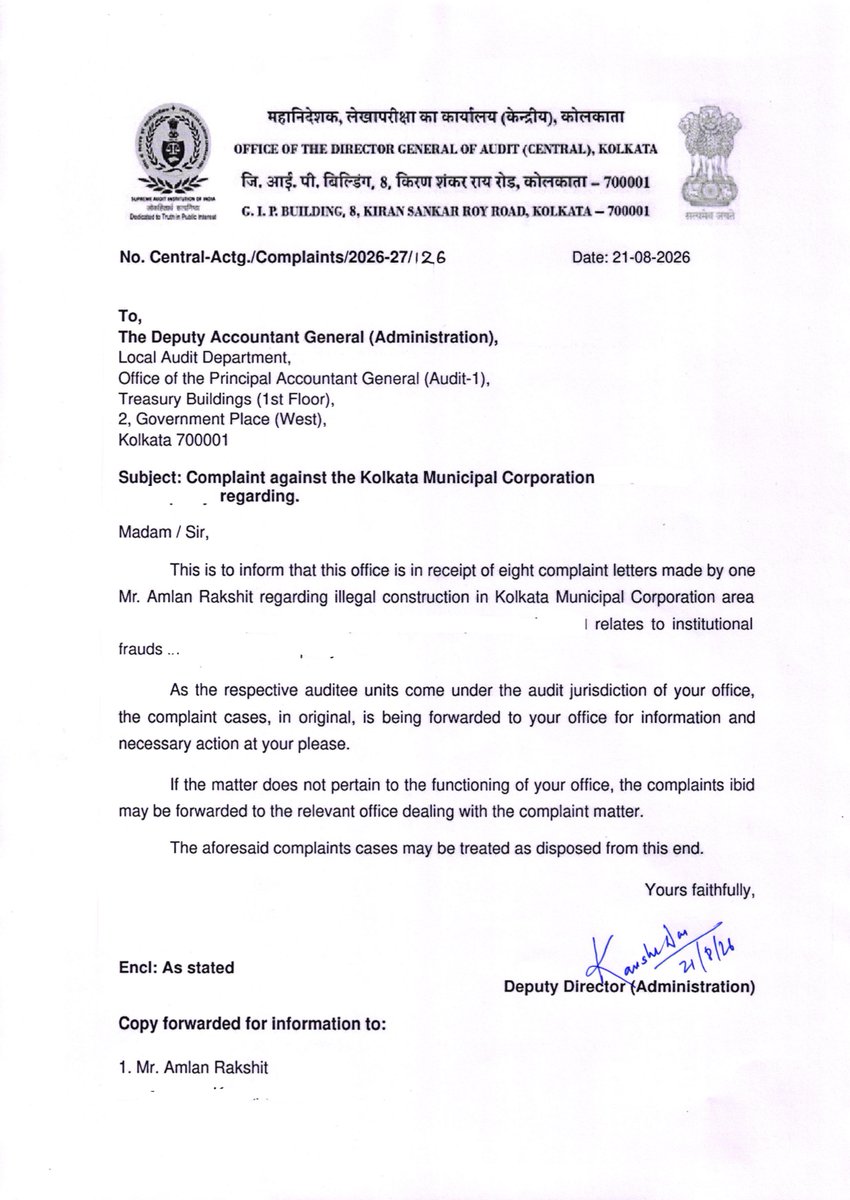 ARSecredHeart's tweet photo. @BanglaRepublic Trace out Letter No. Central-Actg./Complaints/2026-27/126
Date: 21-08-2026

To,
The Deputy Accountant General (Administration),
Local Audit Department,
Office of the Principal Accountant General (Audit-1),

REGARDING INSTITUTIONALIZED CORRUPTION @ KMC.

CAN YOU TAKE ACTION? https://t.co/lHdlxS1Svl