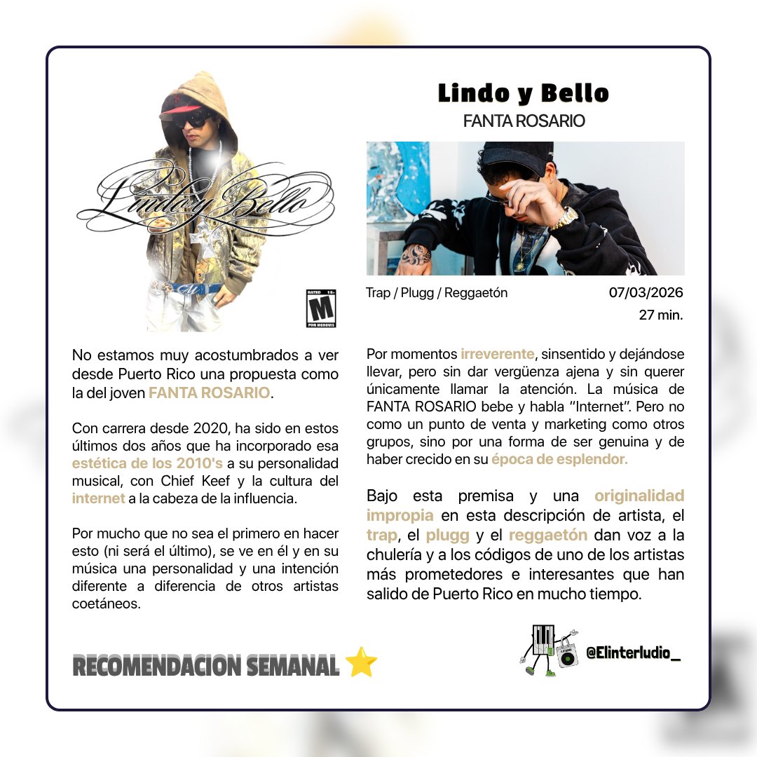 Elinterludio_'s tweet photo. Recomendación Semanal📅

Hoy: LINDO Y BELLO, de FANTA ROSARIO 🕶️ https://t.co/0VliwOMiZ9