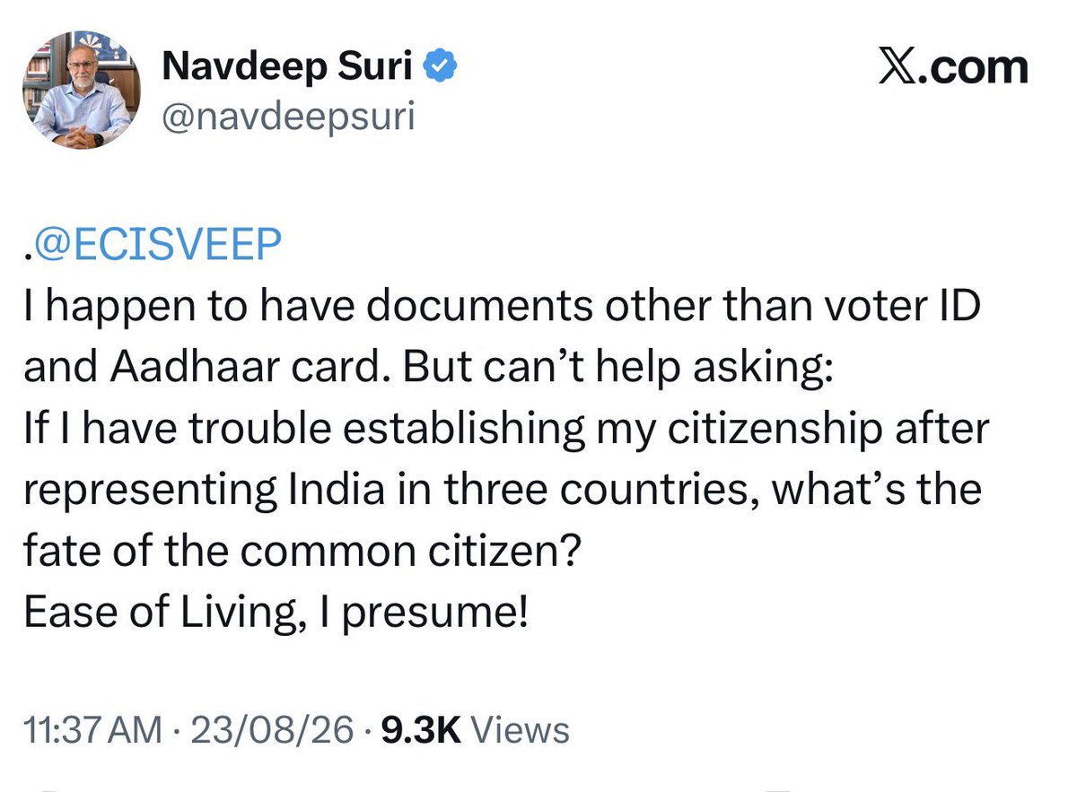 umashankarsingh's tweet photo. कई देशों में भारत के राजदूत/उच्चायुक्त रह चुके @navdeepsuri ने भारत के चुनाव आयोग से एक सवाल पूछा है। पूछा है कि कई देशों में भारत का प्रतिनिधित्व करने के बाद भी उनको अपनी नागरिकता साबित करने में दिक़्क़त हो रही हो तो फिर आम आदमी की क्या बिसात? 

@ECISVEEP है कोई जवाब? https://t.co/l1m7mYe0bT