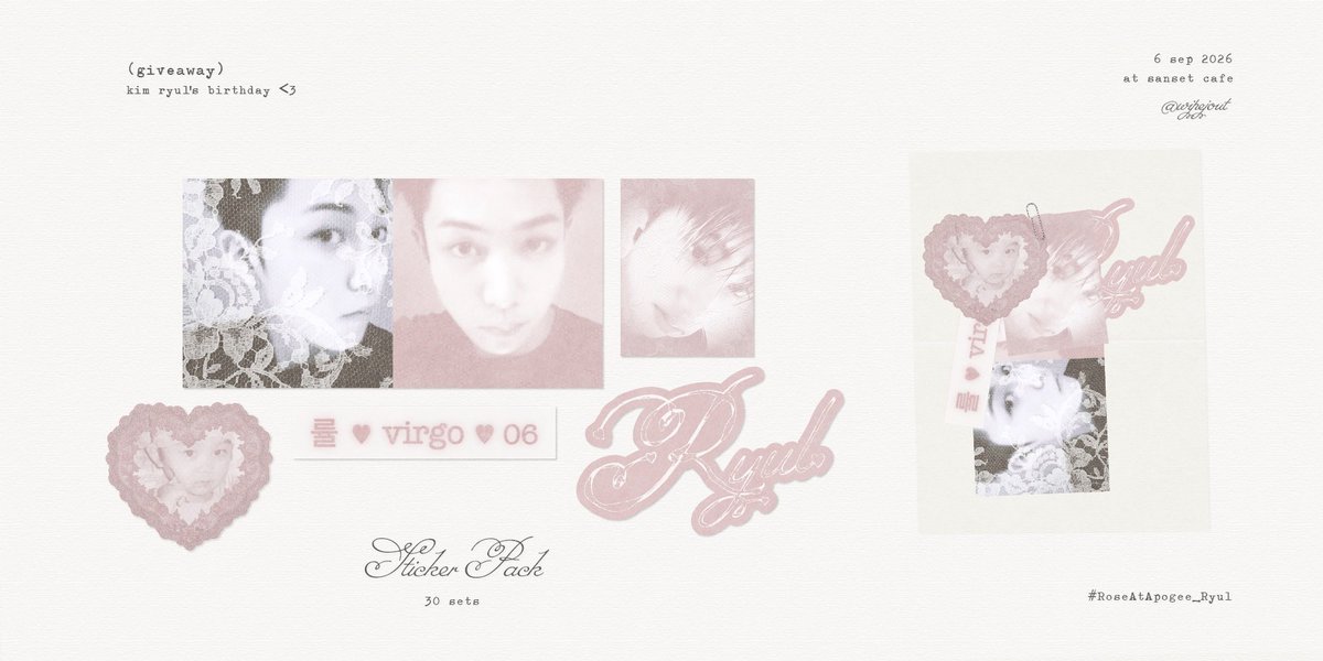 wipejout's tweet photo. pls kindly rt 
❦ giveaway ࣪˖ ִֶ♱ 
for kim ryul’s birthday…🦢🪽

♡ sticker set 30 ea ♡

date 06 sep
location @sansetcafe_ 

#RoseAtApogee_Ryul https://t.co/SHUgjE4Lxy