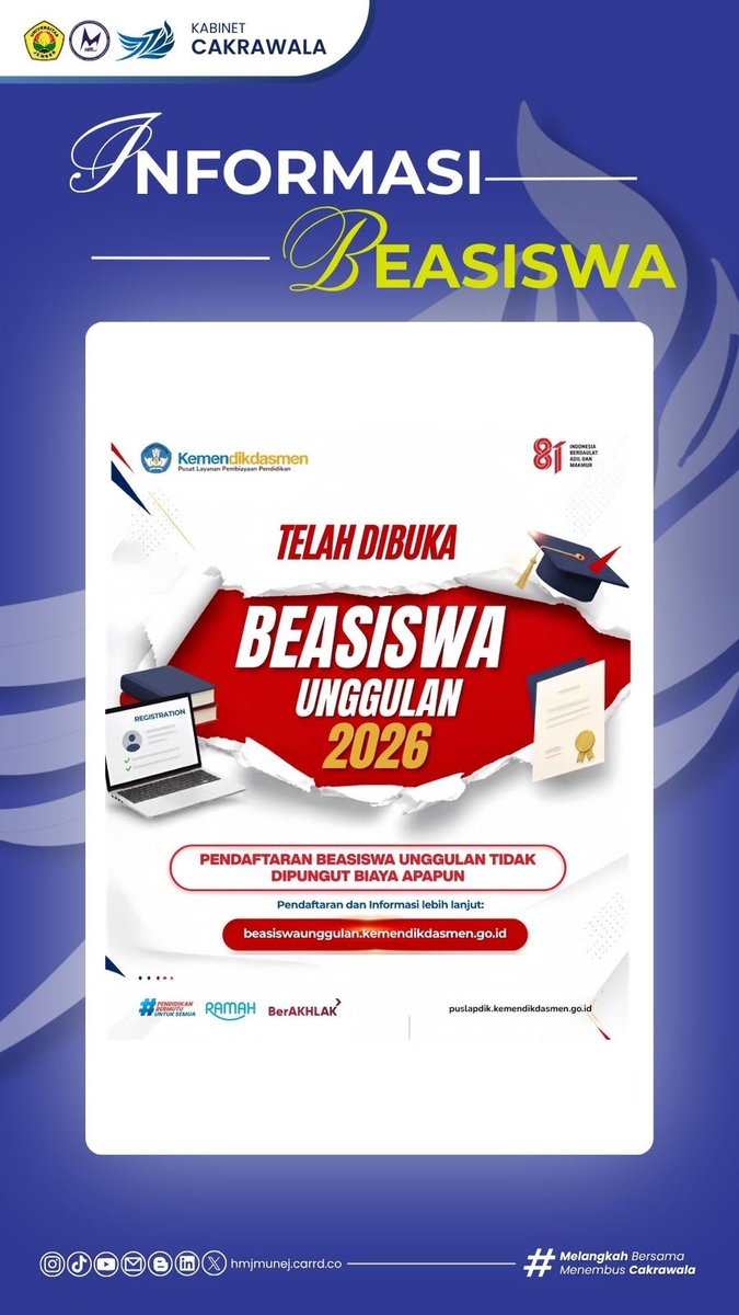 hmjmunej's tweet photo. Halo, Warga S1 Manajemen! 👋 

Program Beasiswa Unggulan 2026 kembali dibuka oleh Kemendikdasmen melalui Puslapdik. Beasiswa ini memberikan dukungan pembiayaan penuh bagi putra-putri bangsa jenjang D4/S1, S2, dan S3 di dalam negeri.

🔗 Link Pendaftaran:
https://t.co/Sq4SlwIAR6 https://t.co/h7xrumi7PA