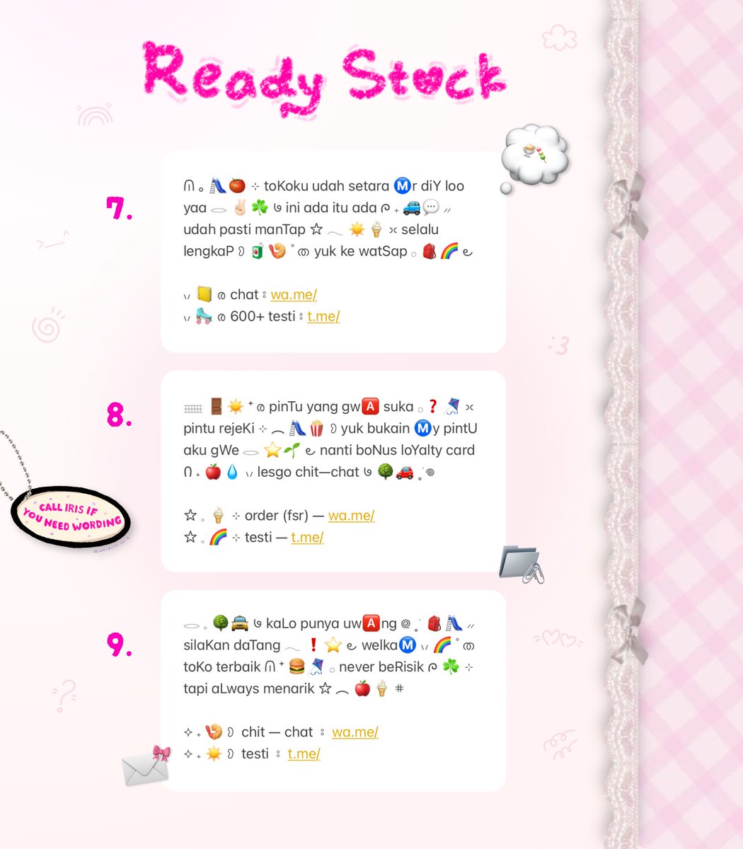 wordinh's tweet photo. ⠀
𝘬𝘪𝘯𝘥𝘭𝘺 𝘵𝘢𝘱 𝘳𝘦𝘵𝘸𝘦𝘦𝘵  ..  ♡%

🌸🍦  ready stock  :  < WORDING PROⓂ️OSI >  🍎☀️  only 5.500 coins / each!  🌳🥢  ada tema cutesy pinky &amp;&amp;. jamethetic!  🎀🍥  mail me to adopt yaa!  👛⭐️

#bealanja rs promotion https://t.co/2W83z8OGes