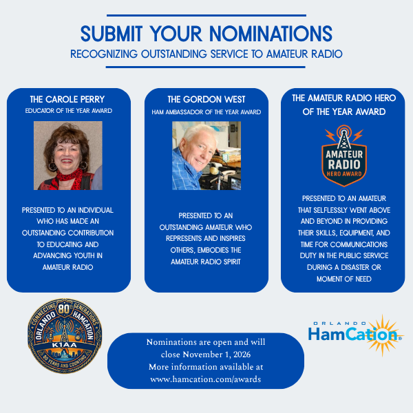 Hamcation's tweet photo. Help us recognize outstanding service to amateur radio! Nominations close November 1st. Submit your HamCation 2027 award nominations today!
Go to: https://t.co/O7ge6jvzkC https://t.co/ZZ0jSWqbXH