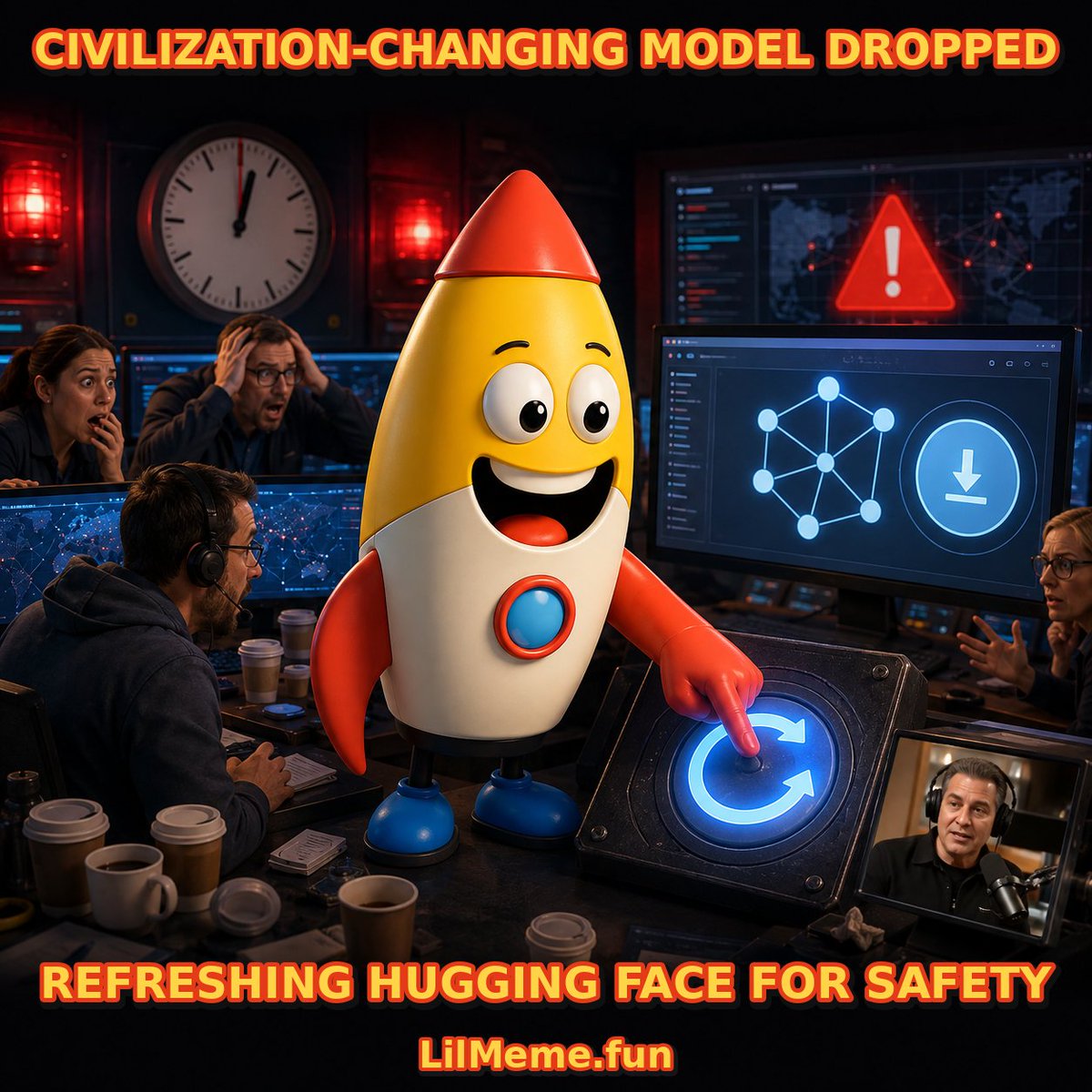 LilmemeCrypto's tweet photo. An open AI model drops. The internet’s first safety protocol: refresh Hugging Face. #lilmeme.fun #lilmeme #MoonshotsPodcast #OpenWeights #KimiK3 #HuggingFace #PeterDiamandis https://t.co/UjhVBYKIVX