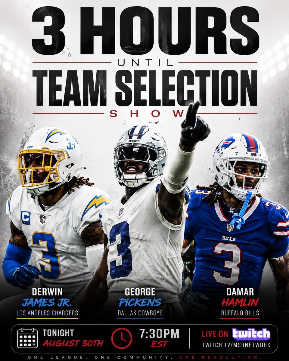 MSR_Network's tweet photo. There are less than THREE hours until the #Madden27 Team Selection Show, powered by @MyMaddenDev!

Join the @MSRLeague at 7:30p for the beginning of #MSR67

🎥: https://t.co/WikFcvRf1V

@EAMaddenNFL | @Twitch https://t.co/Ps1ruD4PES
