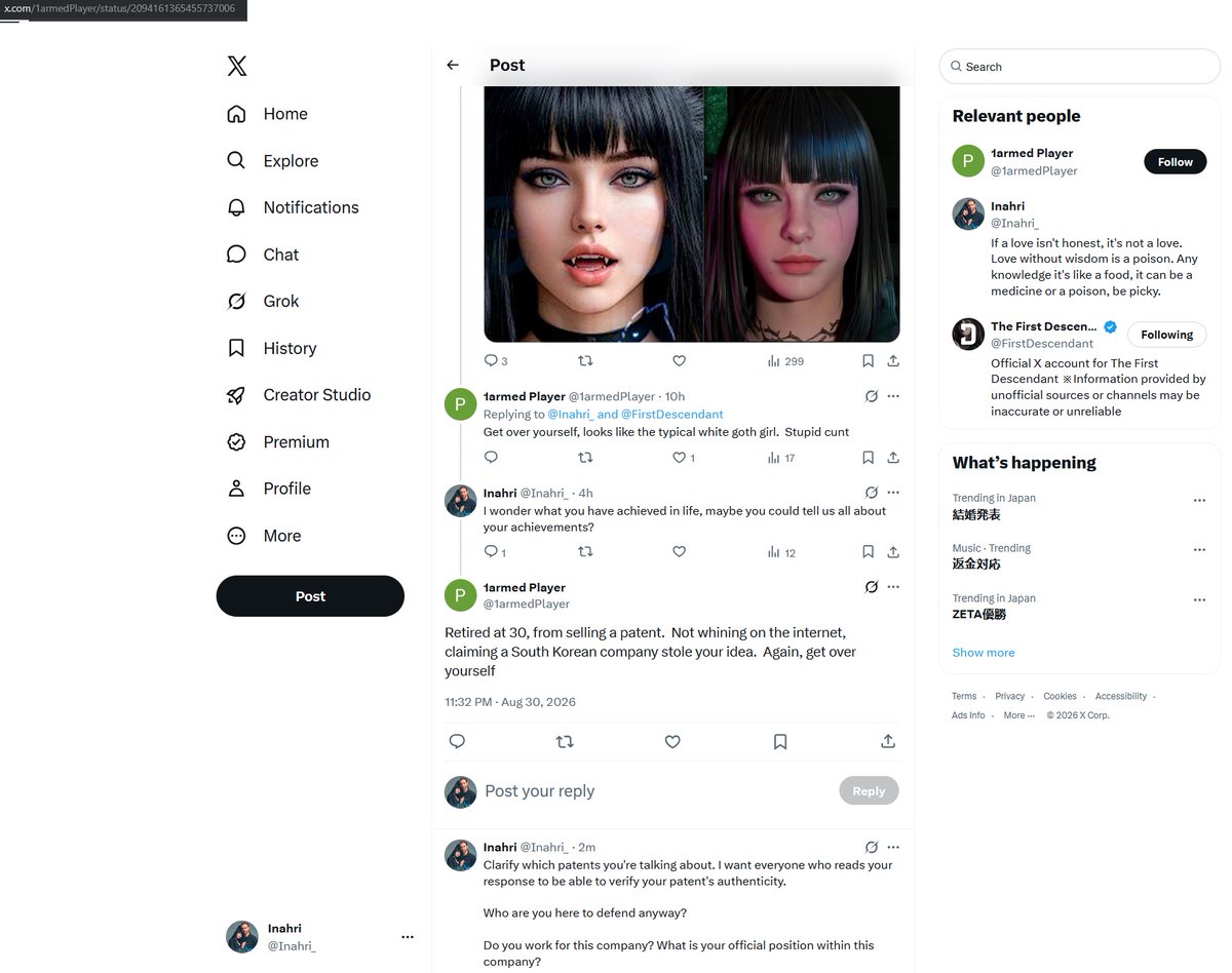Inahri_'s tweet photo. @1armedPlayer @FirstDescendant Your statements about the patent have been recorded, as have your groundless insults directed at me. https://t.co/LrhpPCxYtm