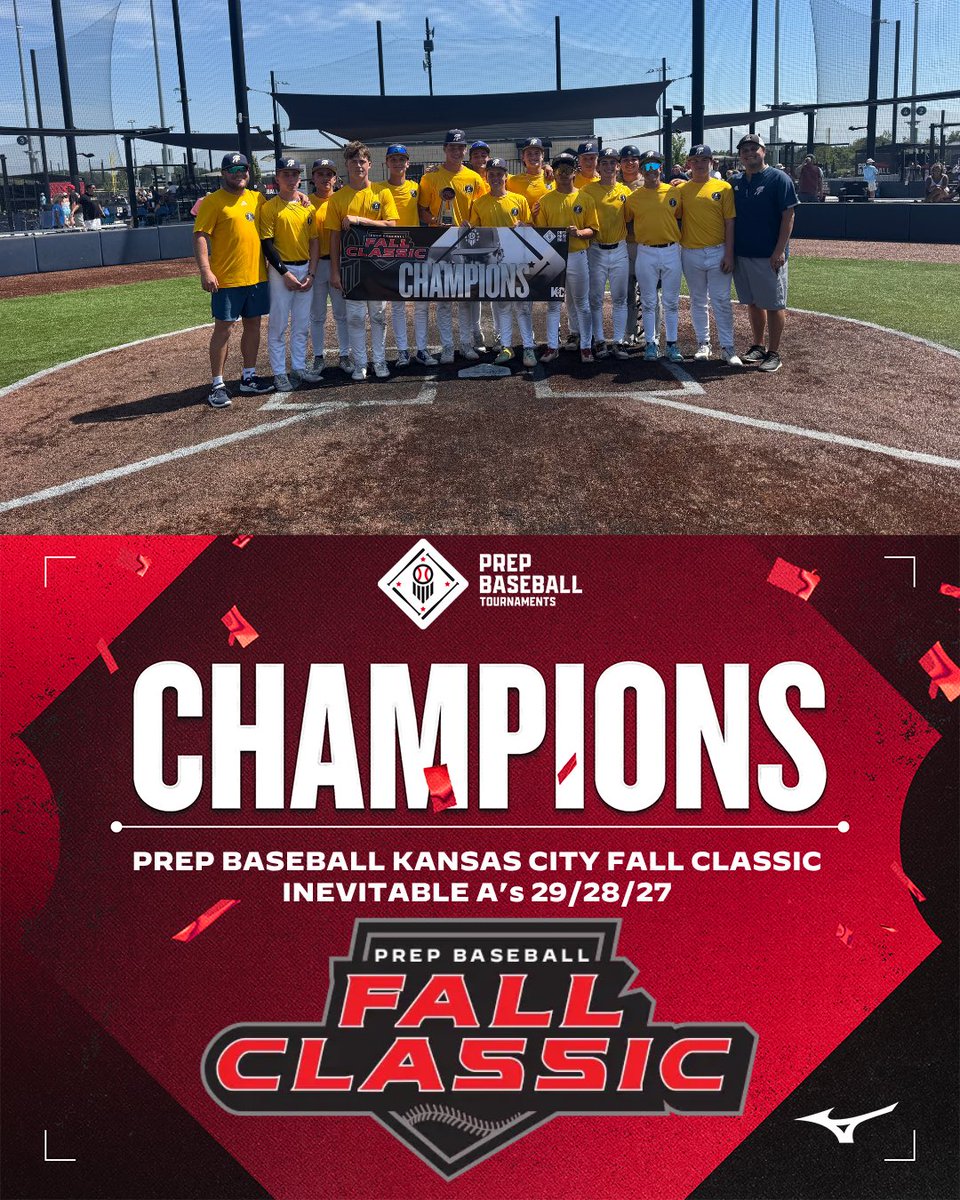 PBTKansasCity's tweet photo. 🏆CHAMPIONS🏆
Congratulations to the 2026 Prep Baseball Kansas City Fall Classic 17/18u pool A Champions, Inevitable A’s 29/28/27!
#PrepBaseballKC | #FallClassic https://t.co/tifAgFi3AG