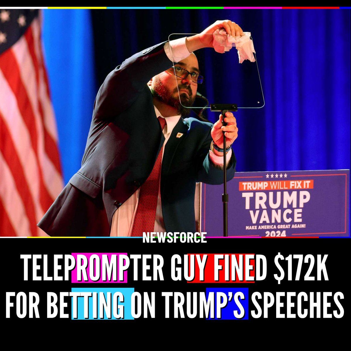 Newsforce's tweet photo. 🇺🇸UPDATE: A former White House teleprompter operator was fined $172,000 after federal regulators said he used advance copies of Trump’s speeches to bet on Kalshi about the exact words the president would say. 

Gabriel Perez made $107,000+ in profits from December to February, including on the State of the Union, before leaving the $175,000-a-year job. 

He also received a 3-year trading ban after cooperating with the CFTC.