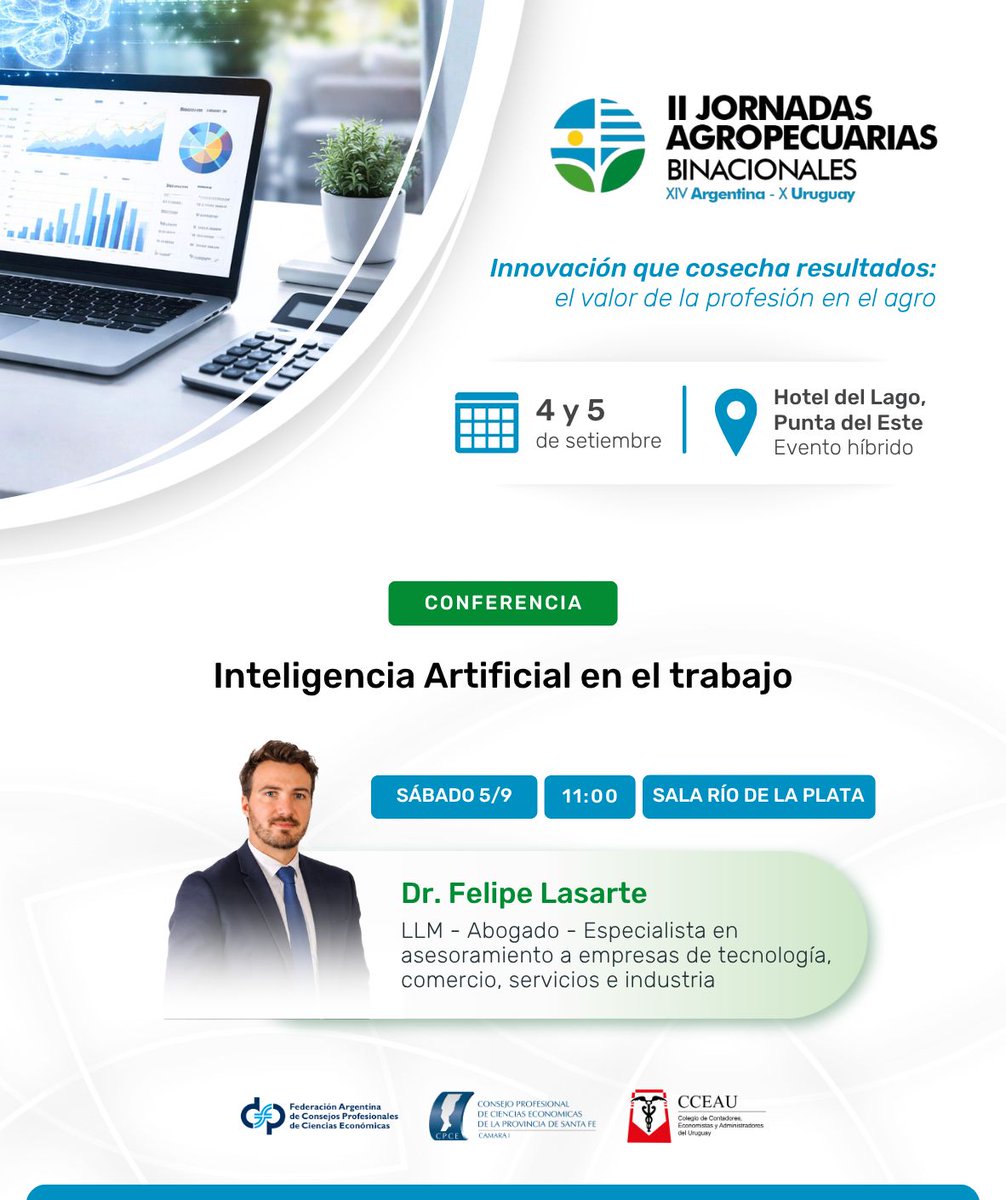 CCEAU1's tweet photo. 💼 El verdadero diferencial ya no será quién trabaje más horas, sino quién sepa aprovechar mejor las nuevas herramientas.

🤖 La inteligencia artificial está transformando la forma en que analizamos información, resolvemos problemas y organizamos el trabajo. Comprender cómo incorporarla al ejercicio profesional será una ventaja cada vez más importante.

🎤 En las II Jornadas Agropecuarias Binacionales, el Dr. Felipe Lasarte presentará la conferencia "Inteligencia Artificial en el trabajo", una oportunidad para descubrir cómo convertir esta tecnología en una aliada para el día a día.

📅 Sábado 5 de setiembre | 11:00
📍 Sala B – Hotel del Lago, Punta del Este
💻 Evento híbrido

🌱 Innovación que cosecha resultados: el valor de la profesión en el agro.

👉 Más información e inscripciones: https://t.co/9MyaGOwGcG