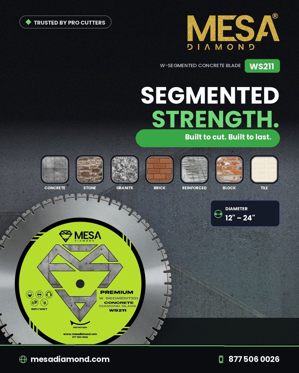 mesadiamondusa's tweet photo. The everyday workhorse. The MESA WS211 segmented blade delivers fast, reliable cuts on concrete, brick and block — dependable performance job after job. 💎 877 506 0026

#diamondblade #concretecutting #segmentedblade #construction #mesadiamond https://t.co/B7TitB16Y8