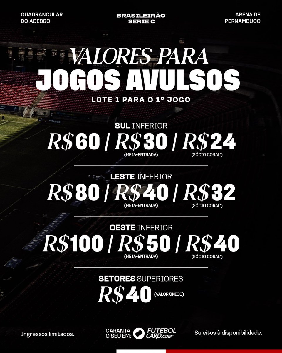 SantaCruzFC's tweet photo. Chegou a hora, Nação Tricolor! 🐍

Garanta já o seu Pacote Promocional para os 3 jogos do Quadrangular do Acesso ou o seu ingresso avulso e vamos apoiar o Santa em busca do acesso! 

🚨 VENDAS E CHECK-IN:

Sócios: Check-in liberado a partir das 10h (31/08) 
Público Geral: Vendas liberadas às 18h (31/08) 

📲 Garanta o seu ingresso no site https://t.co/07qZnbht05

👉 Arrasta pro lado para conferir a tabela de valores completos dos pacotes e ingressos avulsos, além do mapa com os portões de acesso para a Arena!
Ingressos limitados! 

Não deixa para a última hora, garanta o seu e vamos buscar juntos o acesso a Série B. Avante, Santa! 🐍🖤🤍❤️