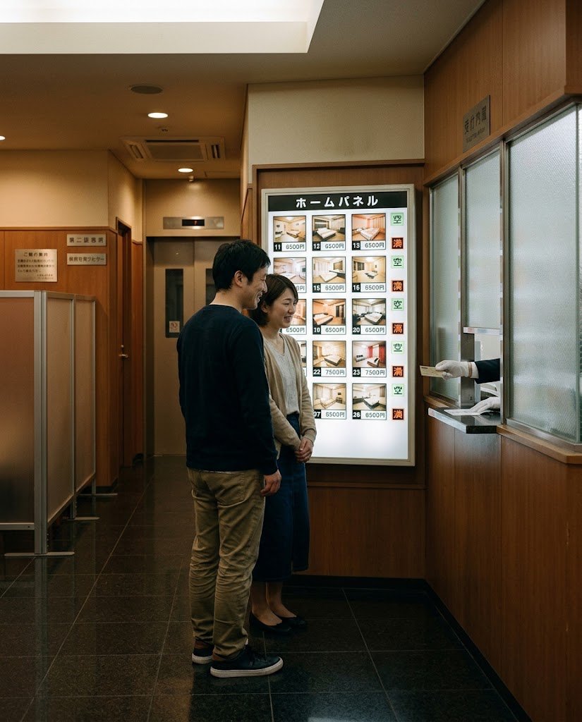 tanpukunokami's tweet photo. One weird thing about Japanese love hotels:

Some of them are designed so you barely have to look at another human being.

You walk in and there’s a big panel showing the available rooms.

Pick one.

At some places, you pay at a machine. At others, there’s actually a person behind the front desk, but the window is covered so well that you might only see their hands.

The first time you see this, it feels a little ridiculous.

You’re running a hotel.

Why are you hiding from the customers?

Then you realize that’s kind of the point.

Nobody wants to walk into a love hotel and hear:

“GOOD EVENING, SIR! WELCOME!”

Especially when you’re standing there with someone at 11:47 PM.

So they remove as much of that interaction as possible.

Some hotels take the privacy thing even further. Parking can be hidden from the street. The layout may help guests avoid bumping into each other. You can sometimes get from the entrance to your room with almost no conversation at all.

And I have to admit, there’s something very Japanese about the solution.

They didn’t solve the awkwardness by telling everyone:

“Don’t be embarrassed. Sex is normal!”

They looked at the awkwardness and basically said:

Fair enough.

We’ll redesign the building.

A regular hotel wants the receptionist to remember your name.

A love hotel?

Please don’t.