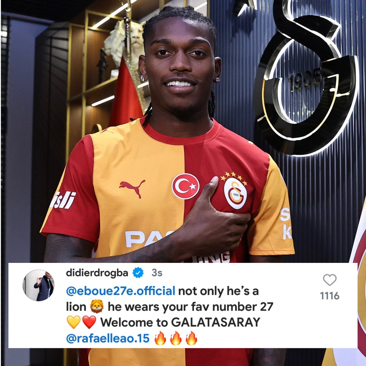 lemarcaspors_'s tweet photo. Didier Drogba: "Eboue, o sadece bir aslan değil aynı zamanda senin en sevdiğin numara olan 27'yi de giyiyor. GALATASARAY'a hoş geldin Rafa."  💛❤️🦁" https://t.co/PJ4vuP8zNP