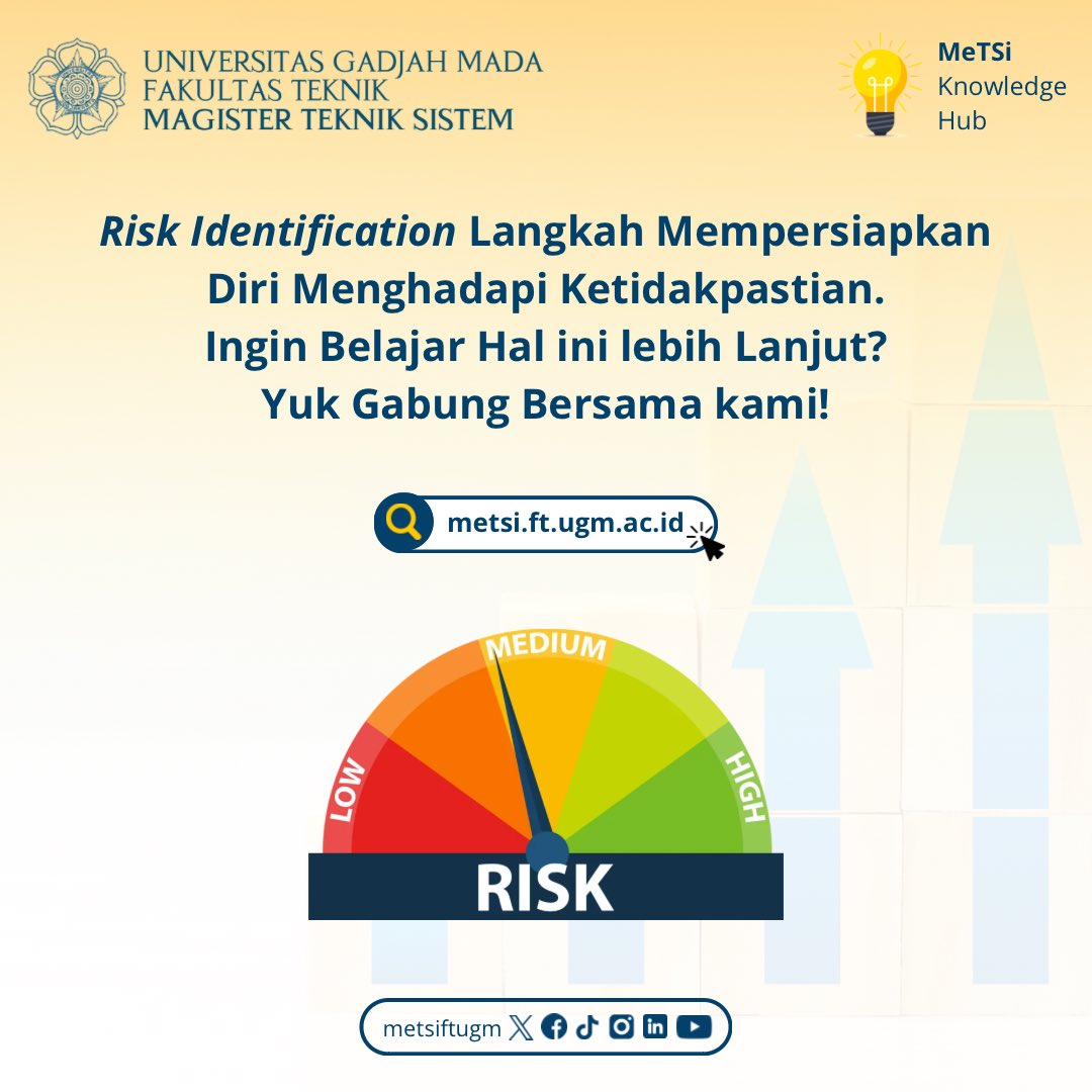 metsiftugm's tweet photo. Hi #SobatMeTSi
Risiko sering baru disadari setelah masalah terjadi.
Padahal, risk identification membantu kita mengenali potensi risiko lebih awal.
Menurut kamu, apa risiko yang paling sering luput dari perhatian? π
#MeTSiFTUGM #UGM #FTUGM #S2UGM #Magister #Resiko https://t.co/Yqlj0Z36Yb