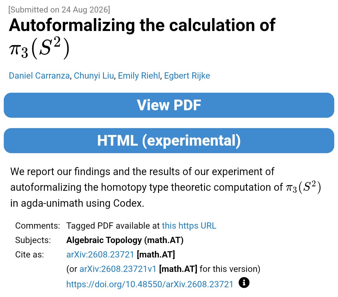 nihilunbounded's tweet photo. Close to $2000 API costs to autoformalize π_3(S²) = Z, one of the first simplest nontrivial homotopy groups of spheres, over the course of several days. I think a picture of the future starts to emerge, doesn't it? https://t.co/2fnzIQmIrK