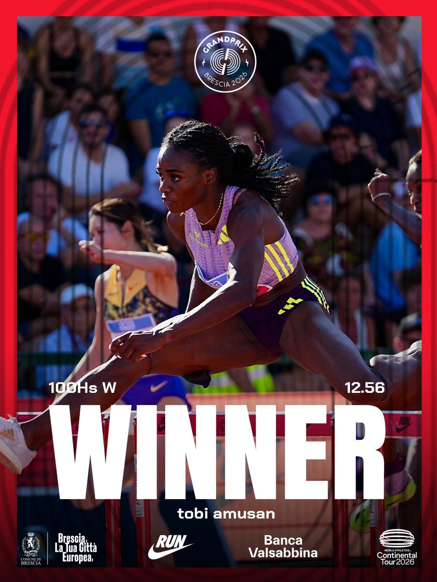 GP_Brescia's tweet photo. Tobi Amusan takes the win in the 100m hurdles 💪🚧

The Nigerian clocks 12.56, finishing ahead of Alaysha Johnson and Ackera Nugent!

#GrandPrixBrescia #ContinentalTourSilver #Athletics #WACT https://t.co/uBRVqKlgQJ