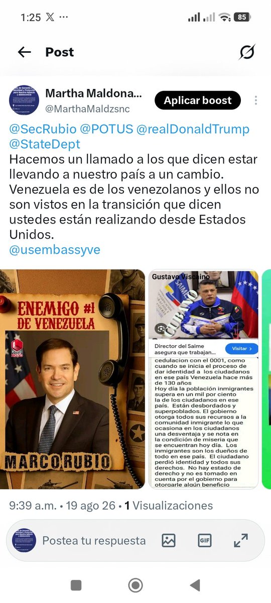 mirtha_gu's tweet photo. @lilianaf523 @ricardo_hausman Los Venezolanos apoyamos tu exelente opinión.@SecRubio @POTUS @StateDept @usembassyve Pero hemos descubierto la condición y la intención d @MariaCorinaYA la cual es la misma que la d @delcyrodriguezv No son venezolanos y utilizan los recursos de nuestra patria para su beneficio https://t.co/wvOd5HQnFQ