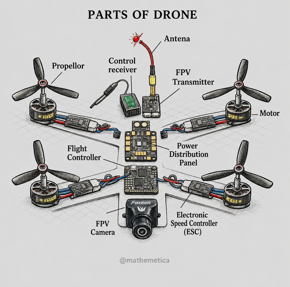 mathemetica's tweet photo. A drone does not fly because of its propellers. It flies because a flight controller outruns instability.

Gyros measure spin. The controller forms attitude error e and applies

u = Kₚ e + Kᵢ ∫e dt + K_d ė

ESCs turn that signal into four motor thrusts. The same loop that hovers a quadcopter also points satellites and balances robots. Unstable physics becomes a machine once it is wrapped in a differential equation.