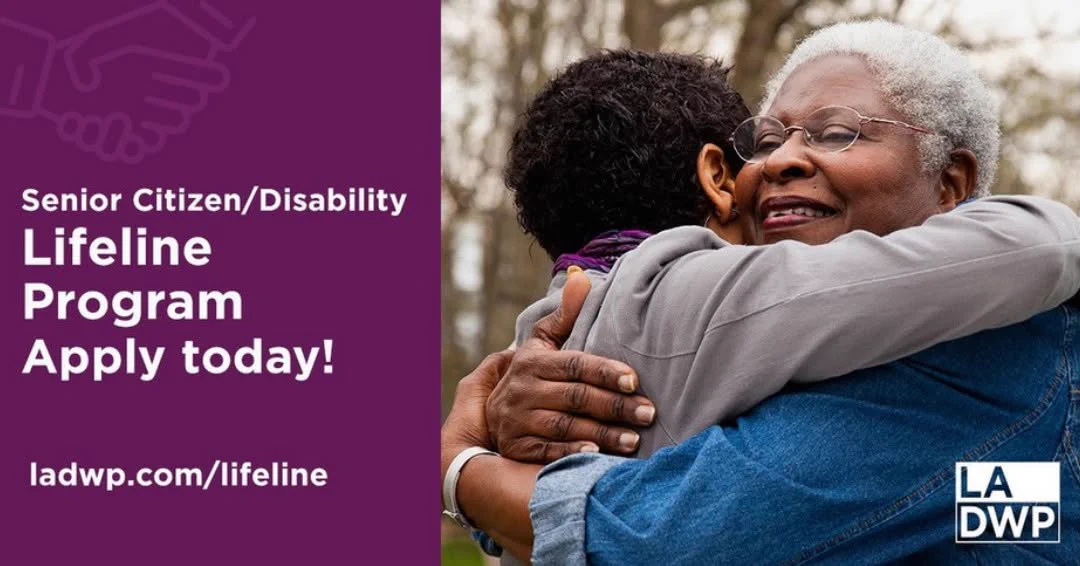 Woman wearing reading glasses hugging a child with text on the right: "Senior Citizen/Disability Lifeline Program Apply Today! LADWP.com/Lifeline".