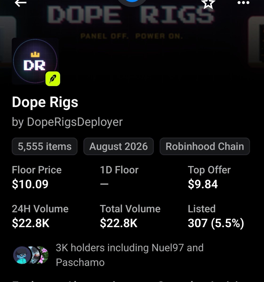 Elvyo's tweet photo. DOPE RIGS is more than just a pixel NFT collection.

5,555 Dream Machines on Robinhood Chain 

What caught my attention:

→ 10 Legendary 1/1 rigs 
→ 10% royalty engine
→ 2.5% of royalties used for daily floor sweeps
→ Swept rigs are locked forever = supply keeps shrinking 
→ 5% goes to holders with 10+ rigs
→ Holder tiers can reach up to 5× reward weight
→ OpenSea verification unlocks a surprise roadmap drop 

A collection that literally eats its own floor.

Panel off. Power on. 🖥️

Dope Rigs might be one to keep an eye on. 

NFA DYOR.