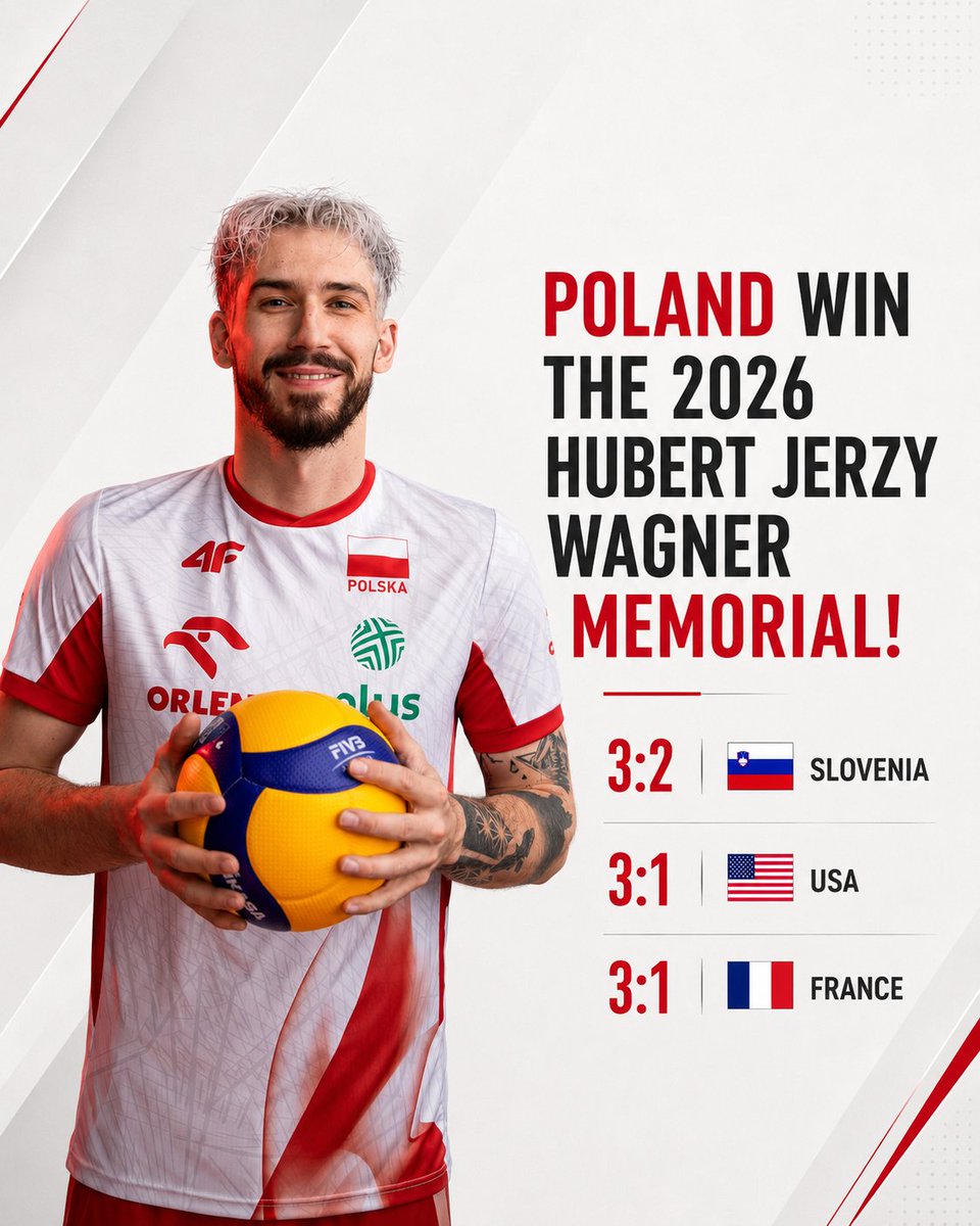 Jakub110Jakub's tweet photo. ❗️ REPREZENTACJA POLSKI WYGRYWA MEMORIAŁ HUBERTA JERZEGO WAGNERA 2026! ⚪️🔴

✅️: Reprezentacja Słowenii 🇸🇮 (3-2)
✅️: Reprezentacja USA 🇺🇲 (3-1)
✅️: Reprezentacja Francji 🇫🇷 (3-1)

Na niespełna dwa tygodnie przed rozpoczęciem turnieju Mistrzostw Europy jest naprawdę nieźle i możemy optymistycznie patrzeć w kierunku wrześniowej imprezy docelowej sezonu reprezentacyjnego 2026❗️

Foto: PZPS 
Grafika: własna 
#gangłysego